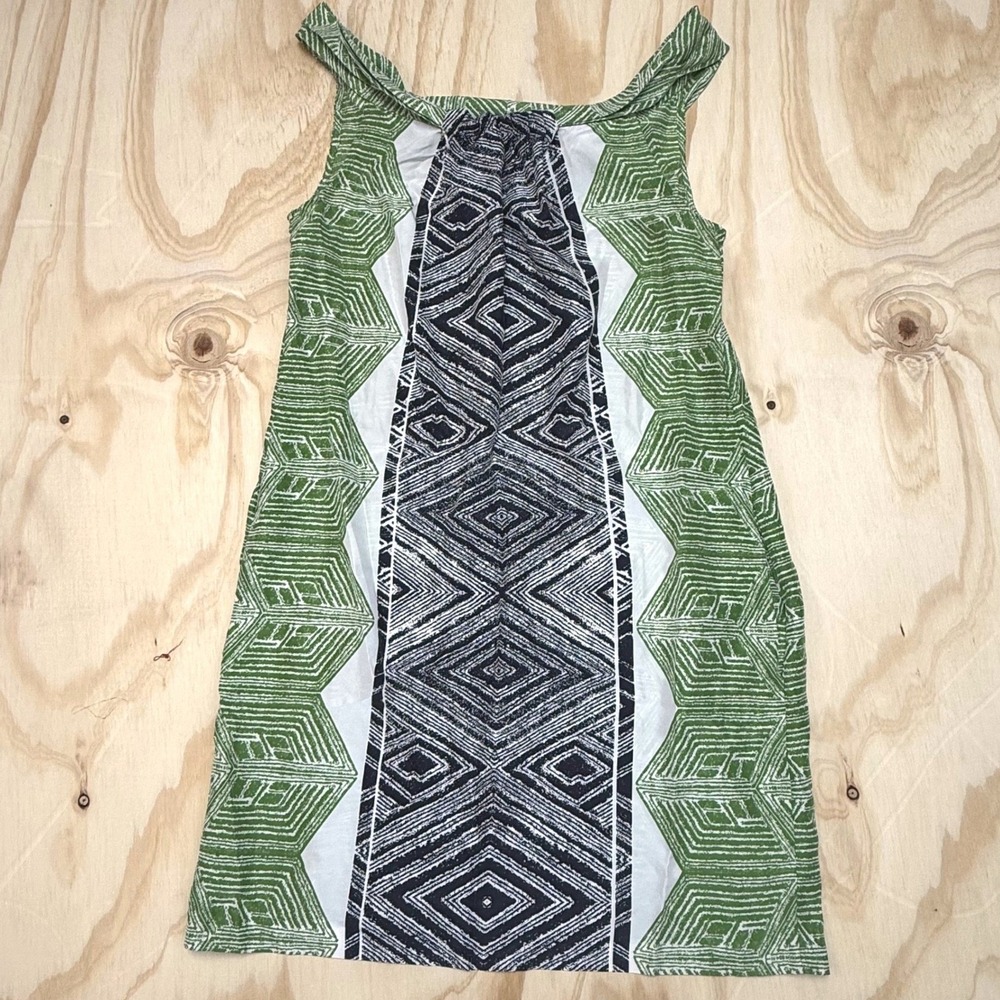 Vintage Banana Republic Silk Geometric Cowl Neck Shift Dress Green Navy Blue